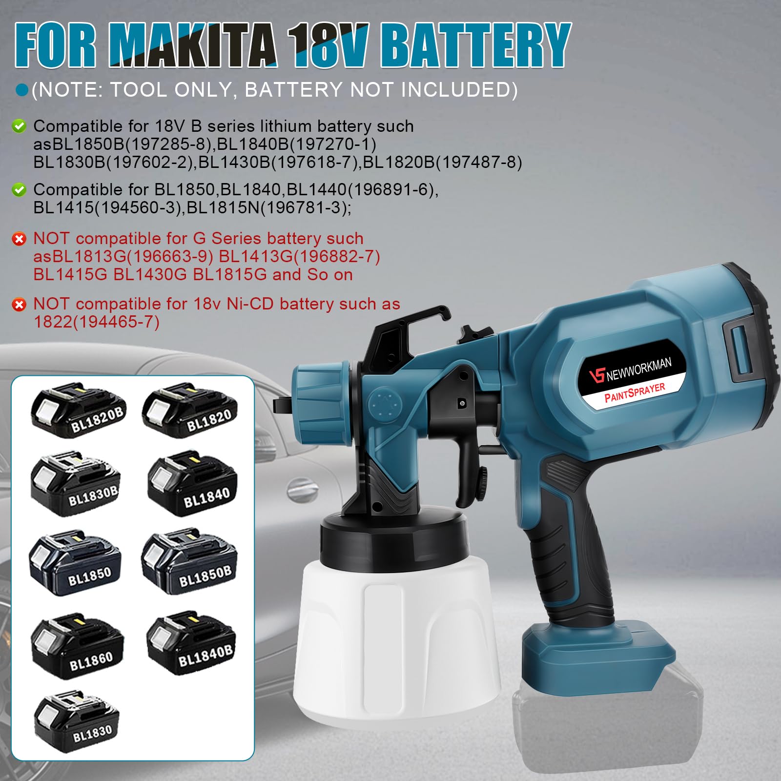 Hancaner Accu verfspuitsysteem 20 V 4000 mAh elektrisch verfpistool met 3 sproeimonden, 3 spuitpatronen, 1200 ml elektrische verfspuitapparaat voor meubels, kasten, omheiningen, tuinstoelen, muren
