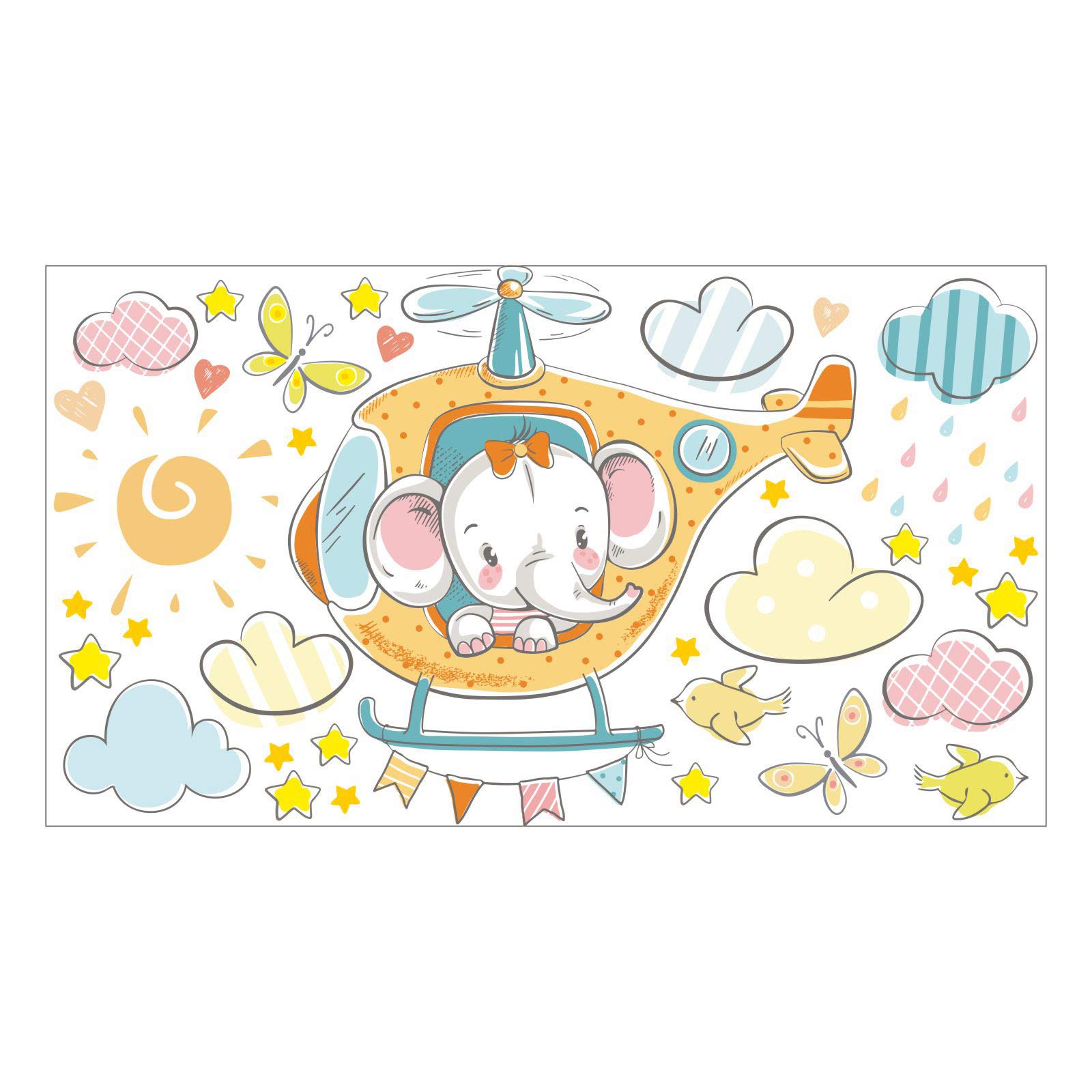 nikima 028 - Adesivo da parete per cameretta dei bambini, motivo: elefante su elicottero, disponibile in 6 misure