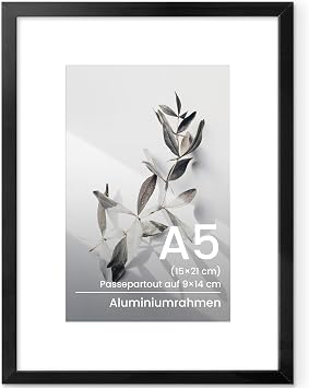 Feihorrm A5 Black Metal Photo Frame with Glass and A6 Mount Aluminium frame A5 15 x 21 cm photo frame with tempered glass 9 x 14 cm photos with mount for wall or table displays
