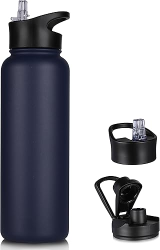 Miniatura 35 de Paquete de 8 botellas de agua deportivas de acero inoxidable con aislamiento de 32 oz, botellas de agua con tapa de pajita y tapas de boca ancha,