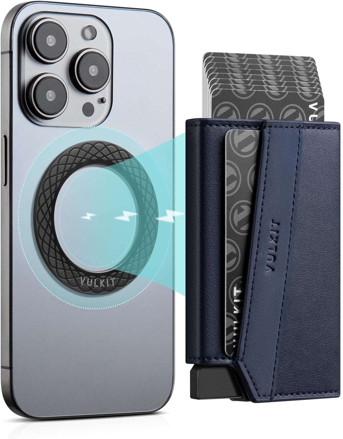 VULKIT Magnetic Pop-Up Wallet for Max. 8 Cards, Compatible with iPhone 12 Serie or higher, Includes Magnetic Ring, Packed in Gift Box, Blue