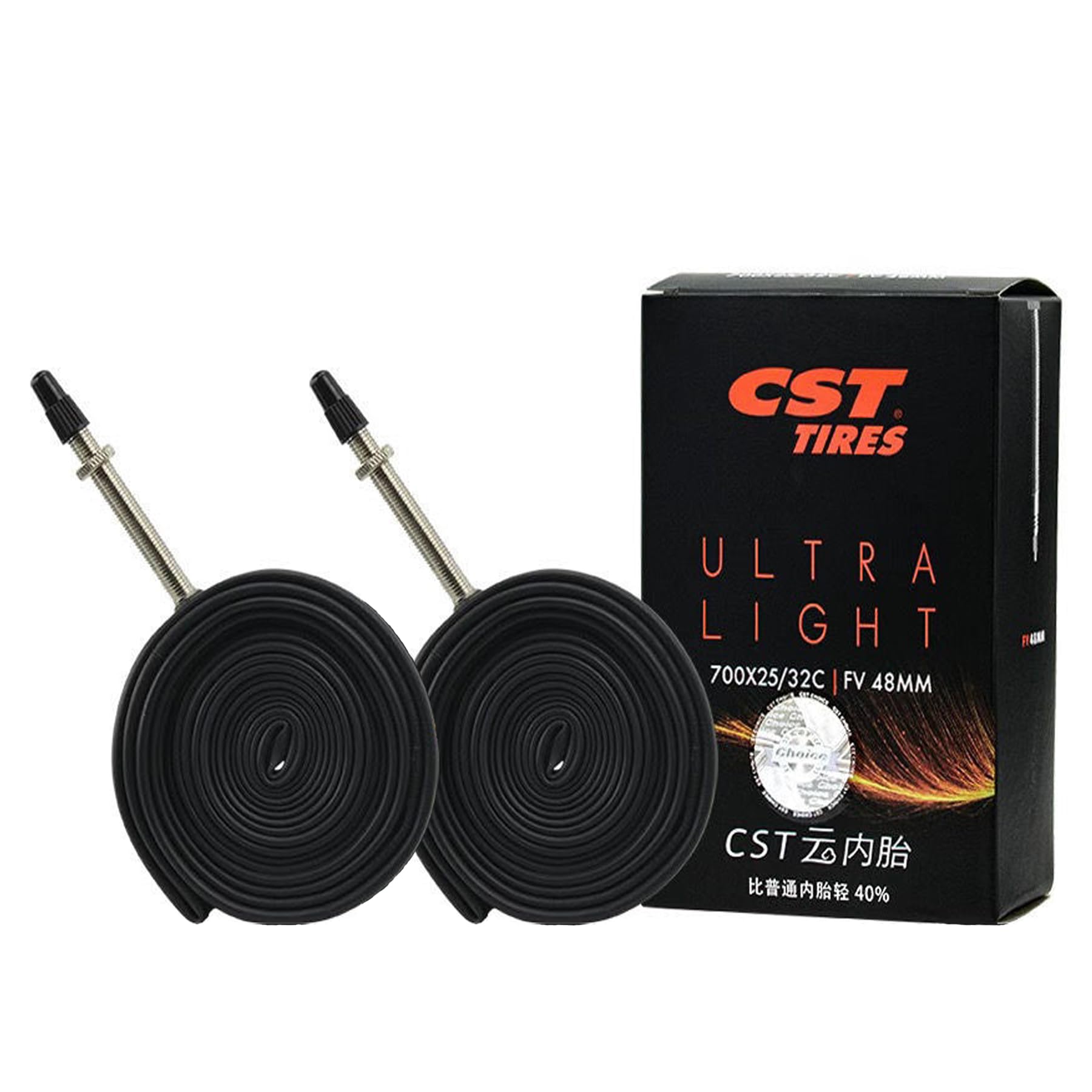 Lot de 2 chambres à air en butyle ultra légères pour vélos de route et de gravier 700C x 25-32C, valve Presta de 48 mm, chambres à air légères et durables