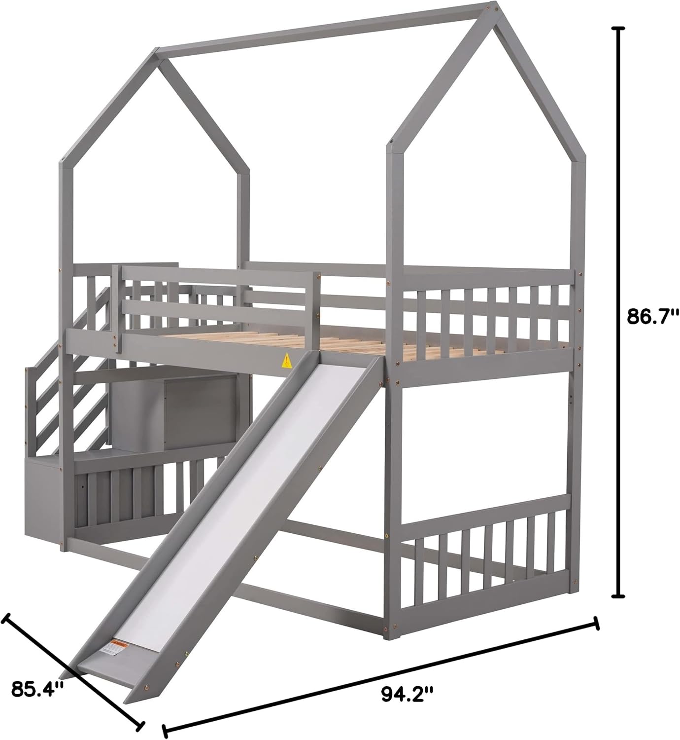Twin Over Twin House Bunk Bed Frames with Slide and Storage Staircase, No Box Spring Needed, Black