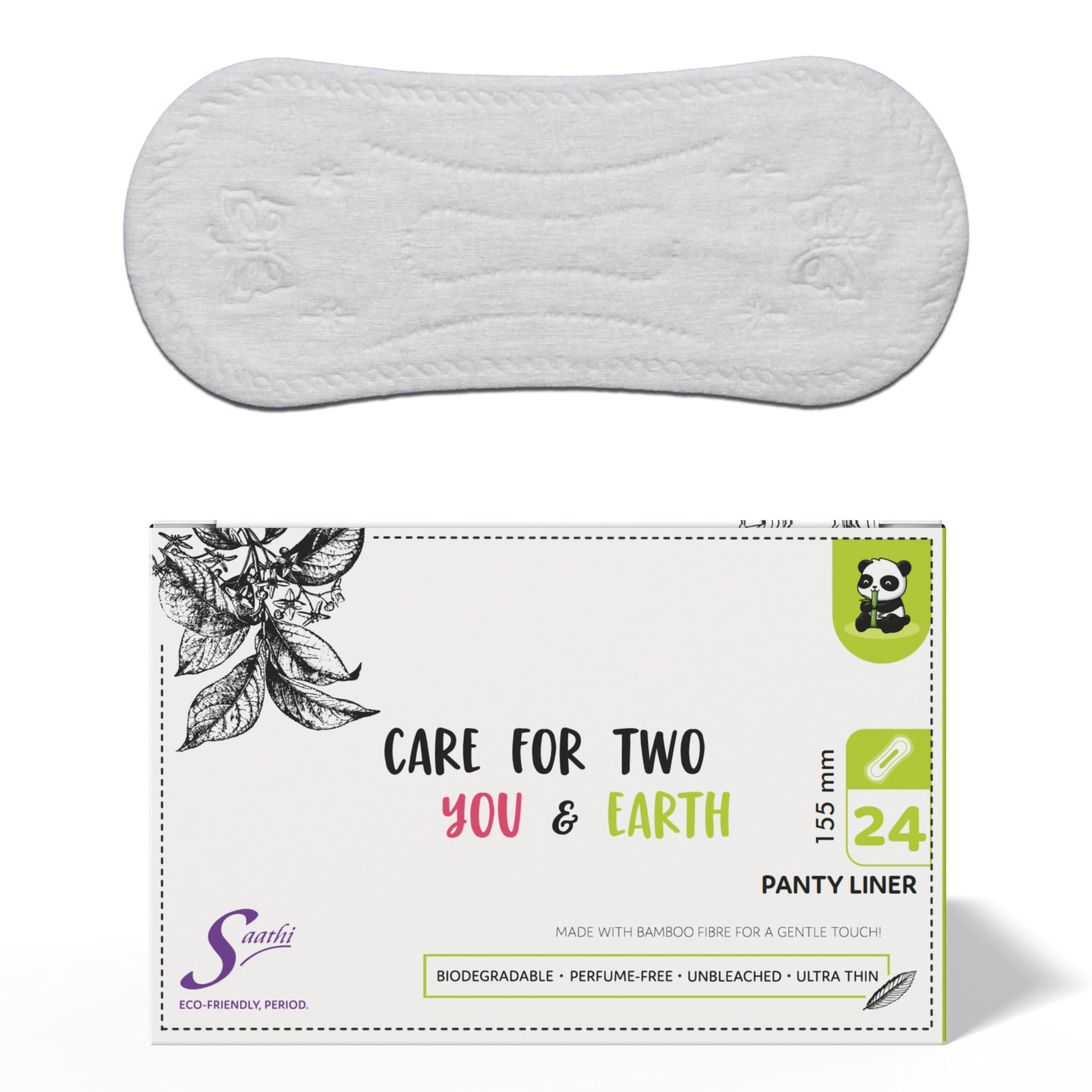 Saathi Panty Liners For Women-24 Pantyliners,Certified Organic Bamboo Biodegradable Fiber For Advanced Protection Against Leakage,Discharge,Light Period Flows&Rashes. Eco-Friendly,Natural&Compostable