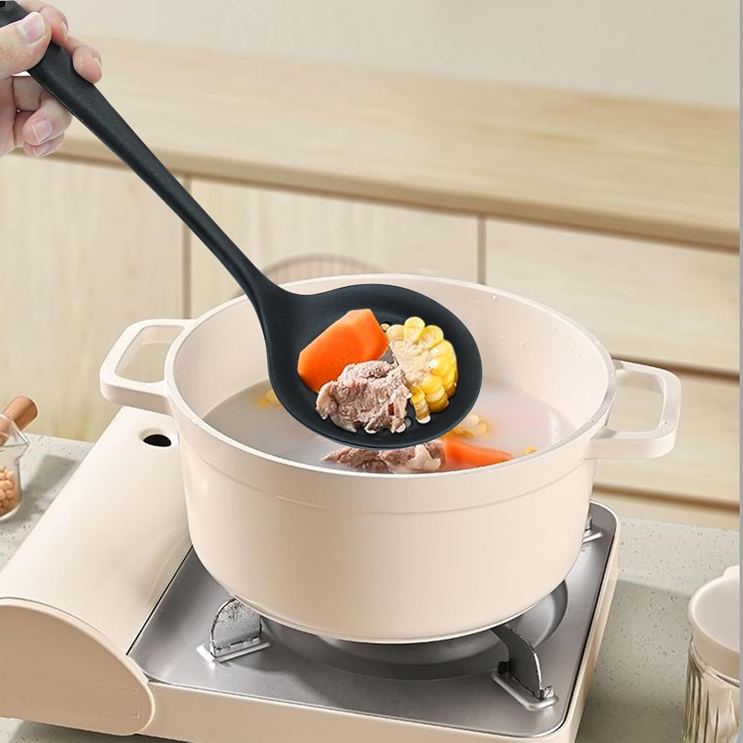 Hordion Silicone Slotted Spoon, Black Strainer Spoon Non Stick Skimmer