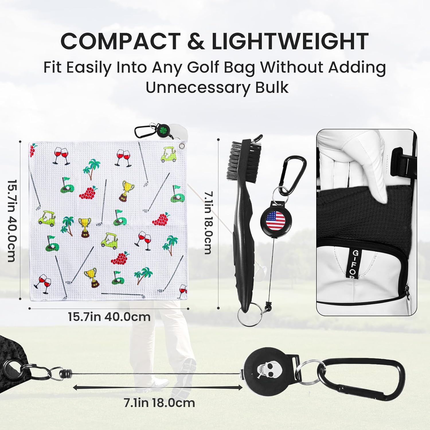 Amy Sport Golf Towels for Golf Bags for Women Men Value 2 Pack with 3 Strong Magnetic Retractable Carabiner and Black Brush, 16''X16'' Microfiber Waffle Pattern Towel Absorbent Set (Black&White)