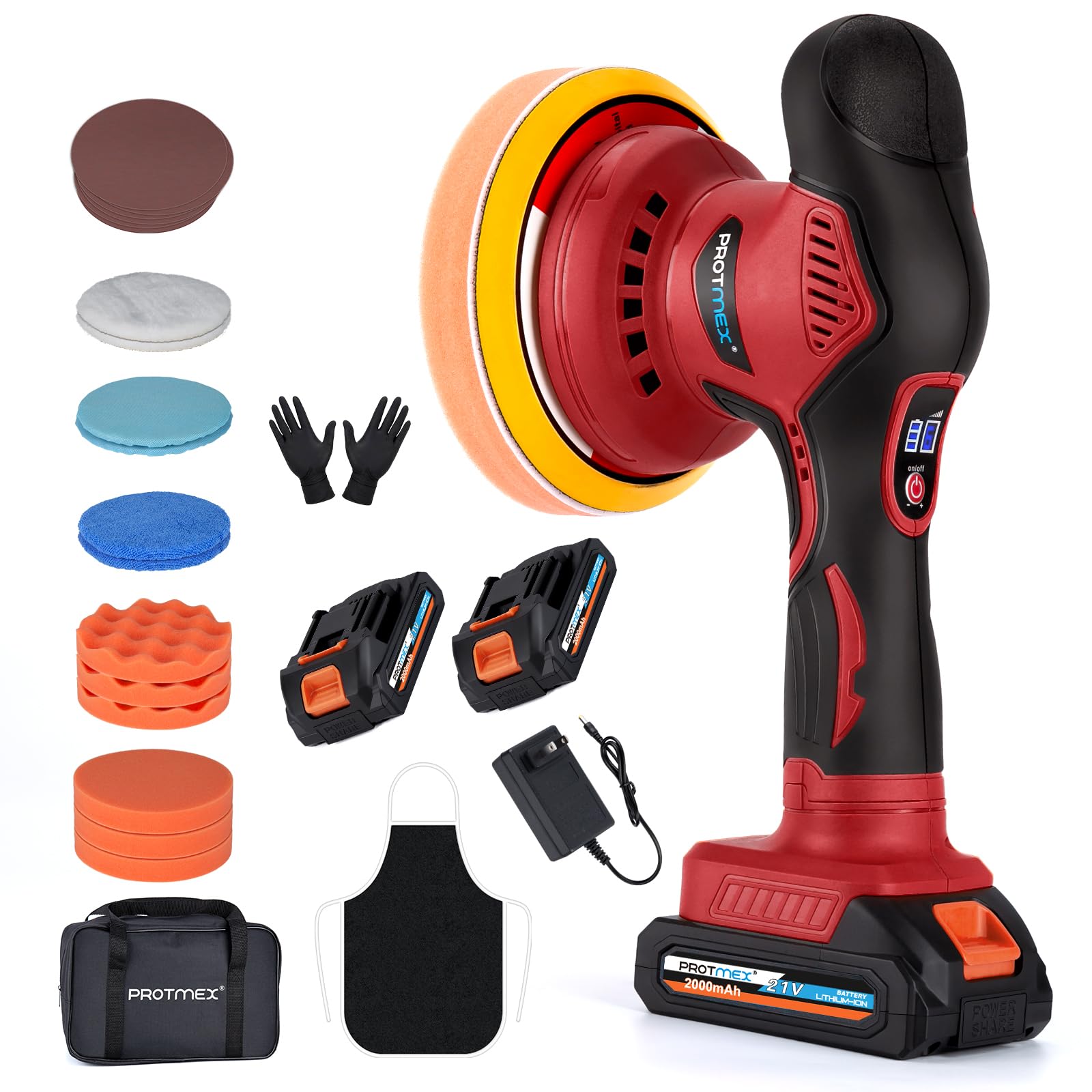 Protmex Cordless Car Buffer Polisher w/ 2x2000mAh 21V Batteries, Red