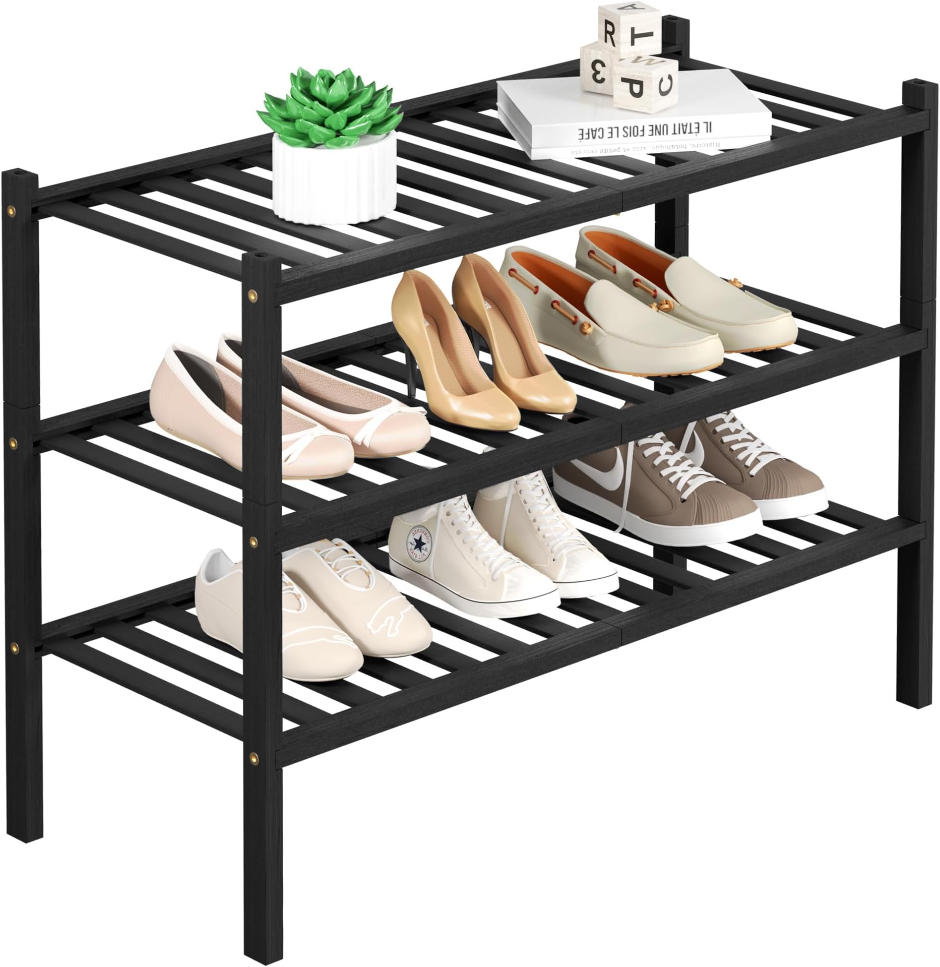 - 3 Tier Bamboo Shoe Rack for Closet Free Standing Wood Shoe Shelf Storage Organizer for Entryway Small Space Stackable 27"x11"x20" (Black)