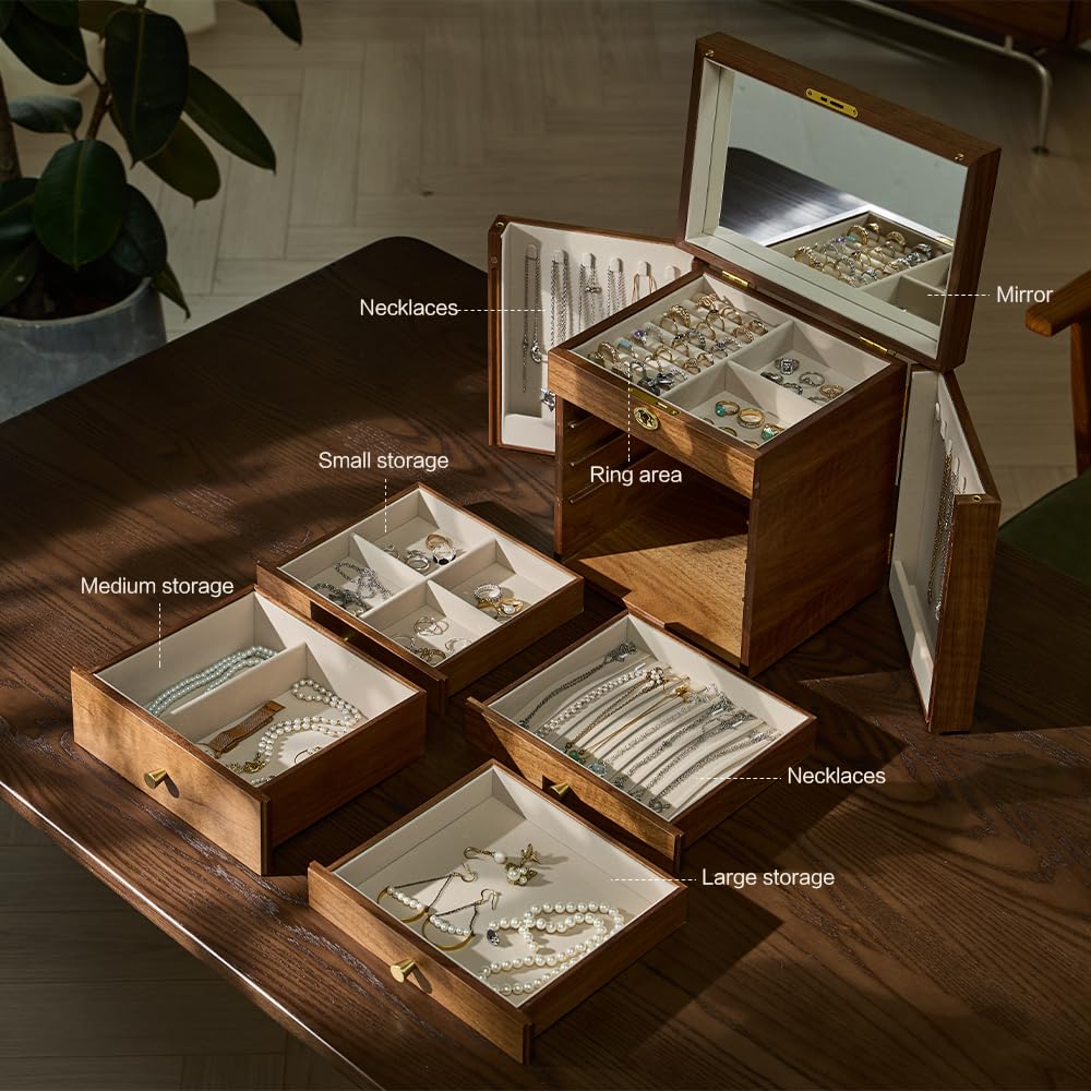 Wenseny 5-Layer Wooden Jewelry Organizer with Lock, Key & Interior