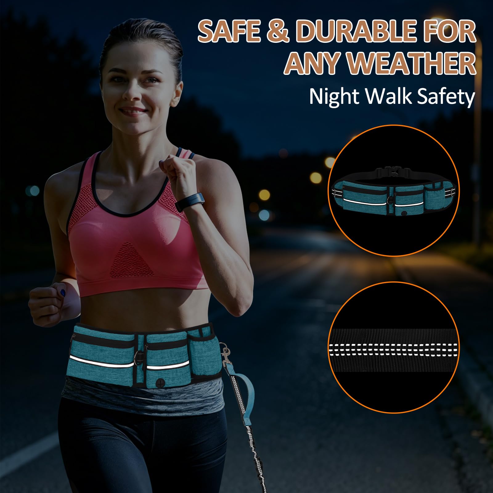 Laisse Main Libre Chien avec Ceinture Réglable et Sac Banane, Laisse Canicross Anti Traction, Longe Élastique Amovible 150-220cm, Bande Réfléchissante pour Courir et Marcher, Bleu