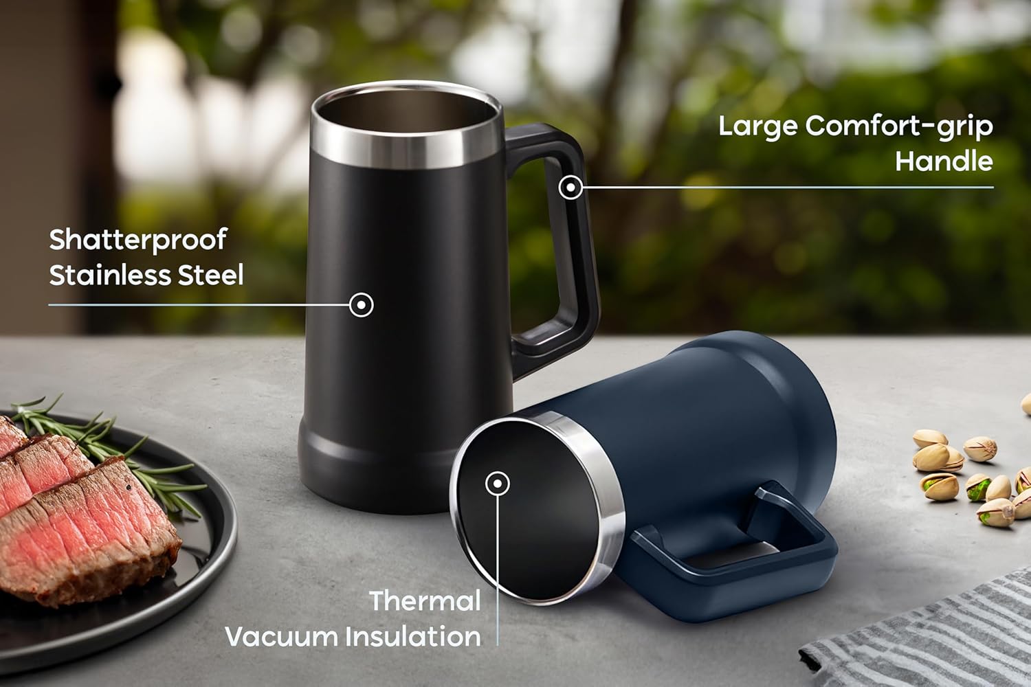 KooK Beer Stein, Stainless Steel Coffee Mug, Tumbler with Thermal Vacuum Insulation, Big Grip, Adventure, Double Walled Drinking Cup, Large Handle, Shatterproof, Navy Blue, 24 oz - Image 3