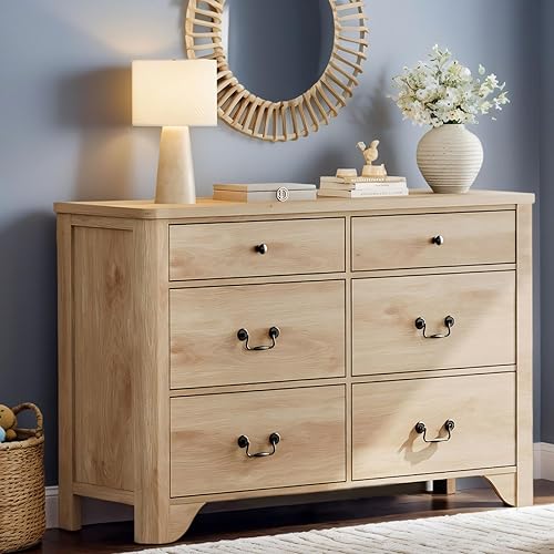 WAMPAT Cómoda de 6 cajones para dormitorio, cómoda de 47.2 pulgadas de ancho para niños y niñas con cajones grandes para dormitorio, sala de estar