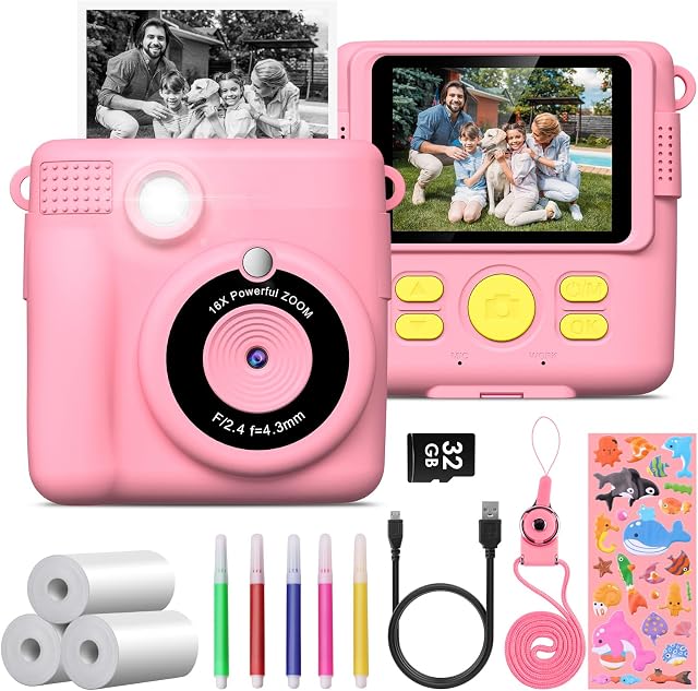 GREENKINDER Kids Camera Instant Print, 2.4'' Instant Print Camera for Kids with 32GB Card & 3 Rolls Print Paper, 1080P HD Kids Digital Camera, Birthday Kids Toys Gifts for Boys & Girls Age 3-12