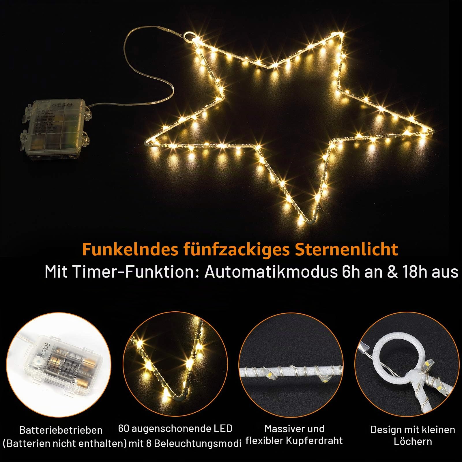 Litake LED Weihnachtsstern Beleuchtung, 6M 60 LED Jeder Stern Weihnachtslichter Stern Fensterdeko Weihnachtsdeko Batteriebetrieben Timer Warmweißen (5 Stk)