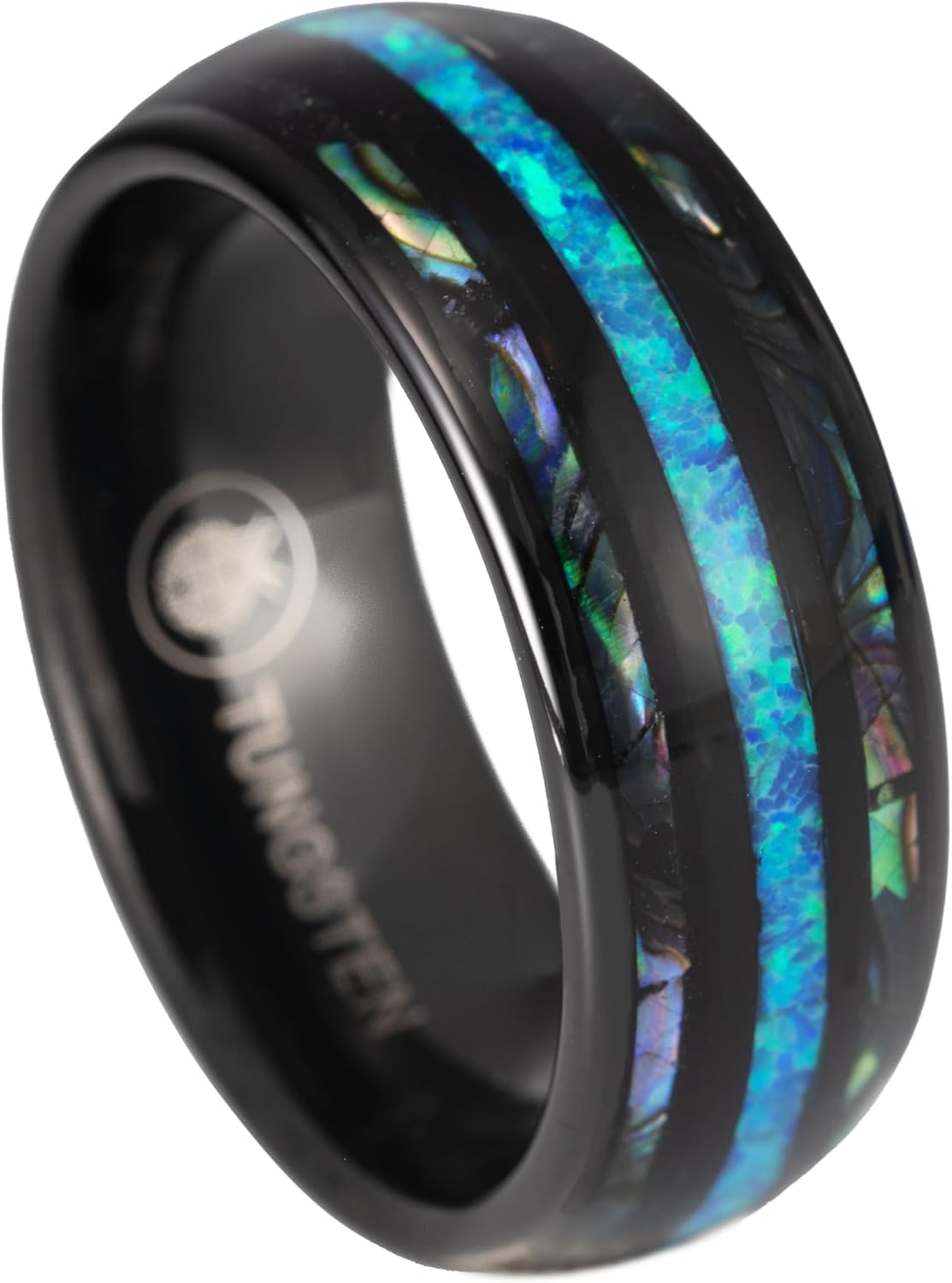 Tungsten Carbide Abalone Sea Shell with Blue Opal Inlay Comfort Fit Men Ring Wedding Engagement Band High Polished Finish, Hawaii Ocean Jewelry, with Gift Box