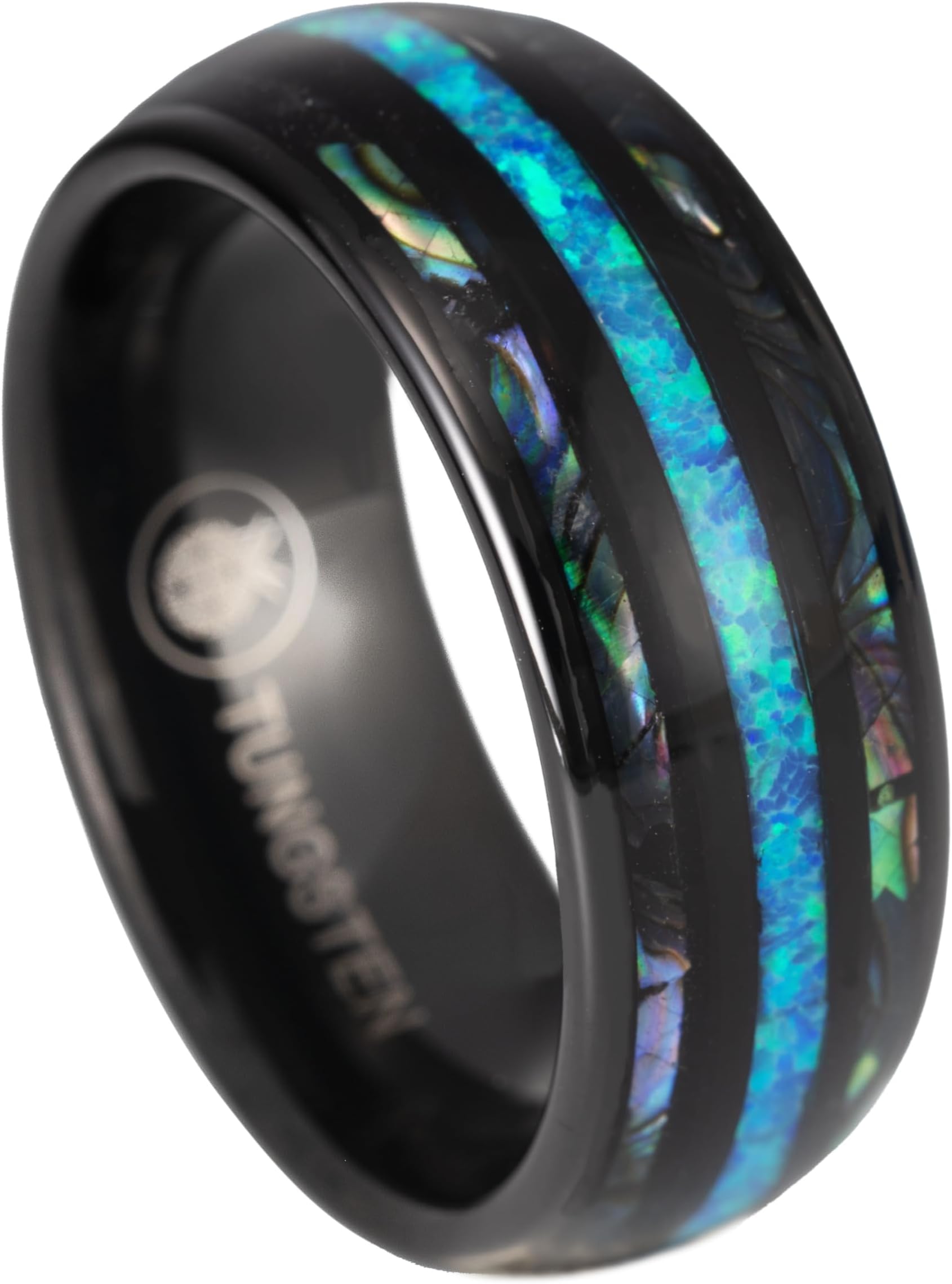 Tungsten Carbide Abalone Sea Shell with Blue Opal Inlay Comfort Fit Men Ring Wedding Engagement Band High Polished Finish, Hawaii Ocean Jewelry, with Gift Box