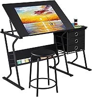 Yaheetech Adjustable Drafting Table with Stool & 3 Drawers - 0-40° Tilt Art Desk for Artists, Home Office, Studio Workstation