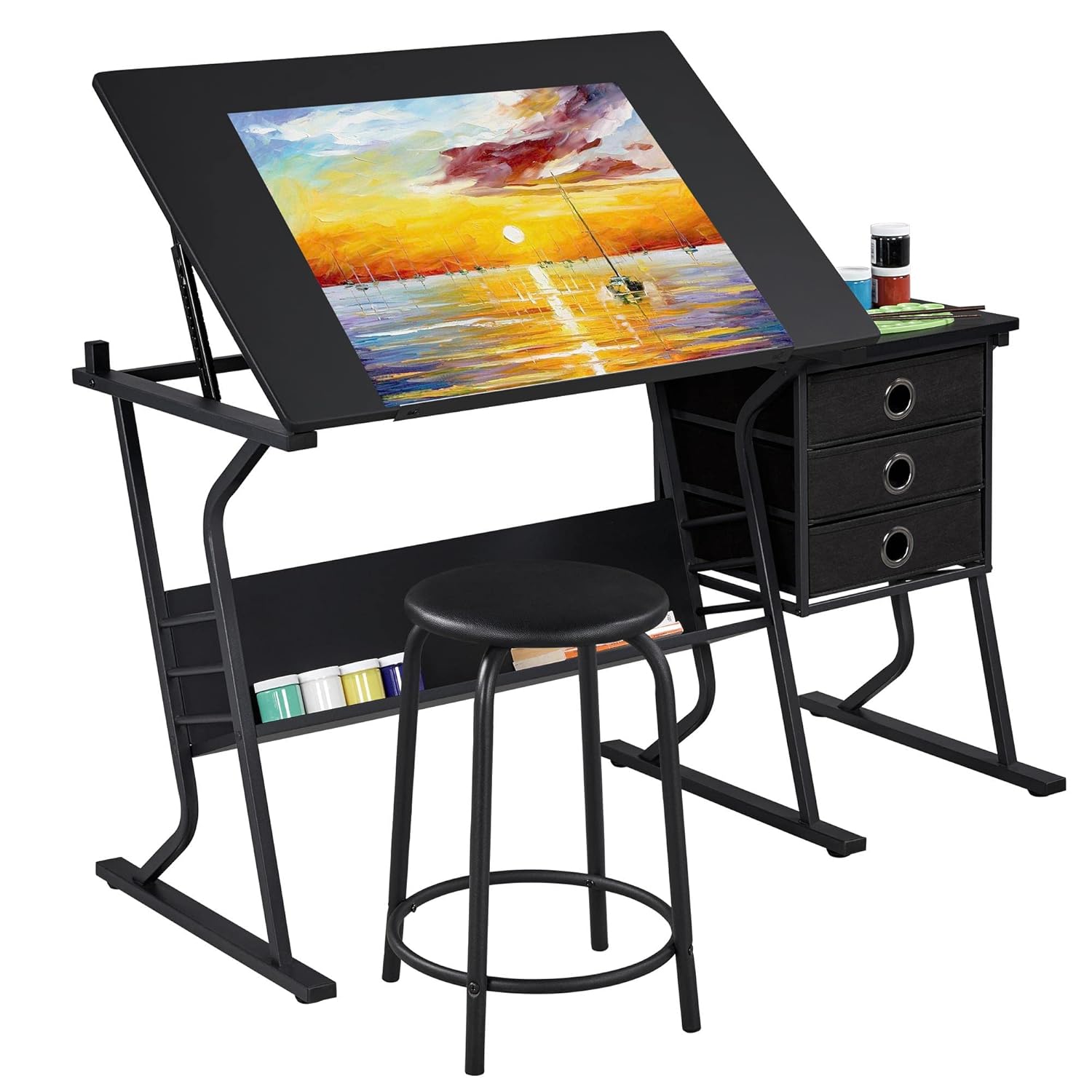 Yaheetech Drafting Table for Adults Artists Drawing Desk Tabletop Adjustable Art Craft Desk with Stool and 3 Slide