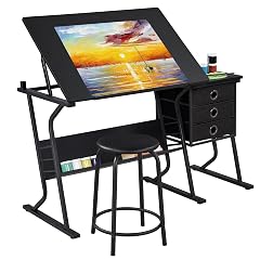Yaheetech Drafting Table for Adults Artists Drawing Desk Tabletop Adjustable Art Craft Desk with Stool and 3 Slide