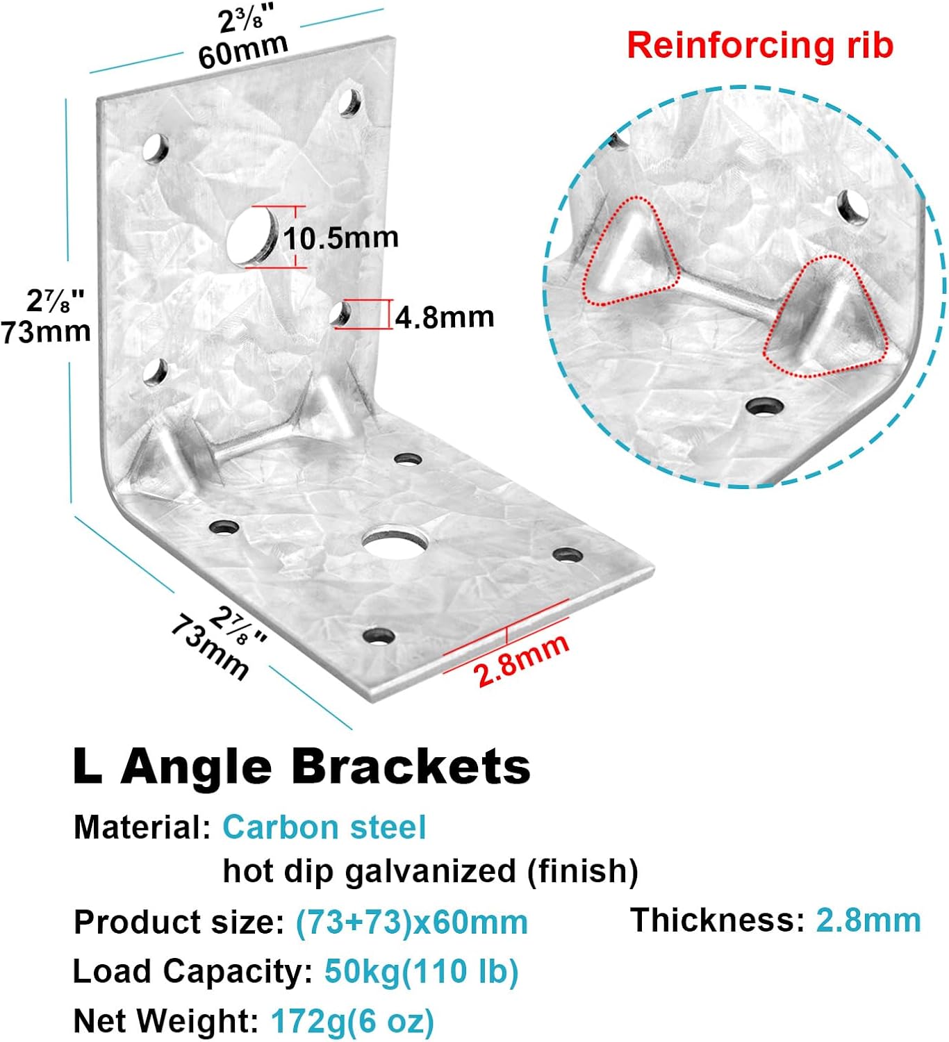 10 Pack L Right Angle Bracket, 2-3/8" x 2-7/8" x 2-7/8" Corner Brace, 90 Degree Reinforcing Rib Connector for Wood, Galvanized Steel