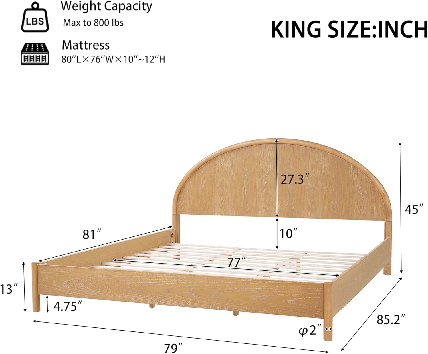 Christopher Knight Home Elsinore King Size Bed Frame with Arched Headboard, Modern Wooden Platform Bed, Wood Bed Support and Slats, No Box Spring Needed, King Size Beds for Adult, Natural Oak