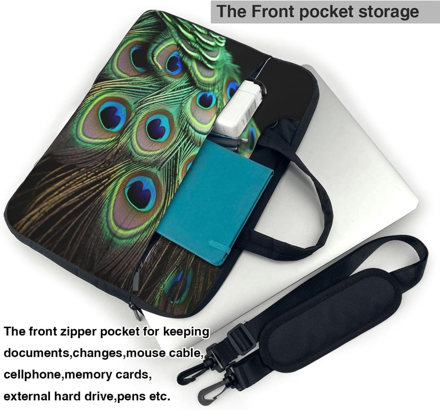 Laptop Shoulder Bag Messenger Bag Green Peacock Feather Laptop Bag Carrying Case for Men Women