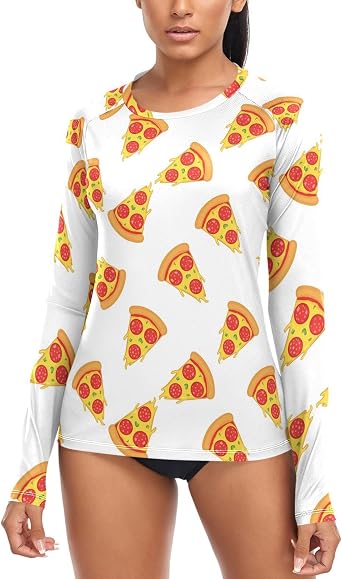 Pizza Slice Yummy Food Pattern Womens Rash Guard Long Sleeve Shirt UPF 50+ Sun Protection Swimsuit Swim Top
