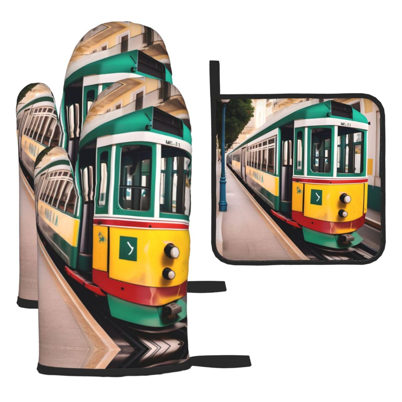Lisbon Tram Pattern Christmas Oven Mitts,Cute Cooking Glove,Heat Resistant,Oven Mitts Gift for Mom,Housewarming