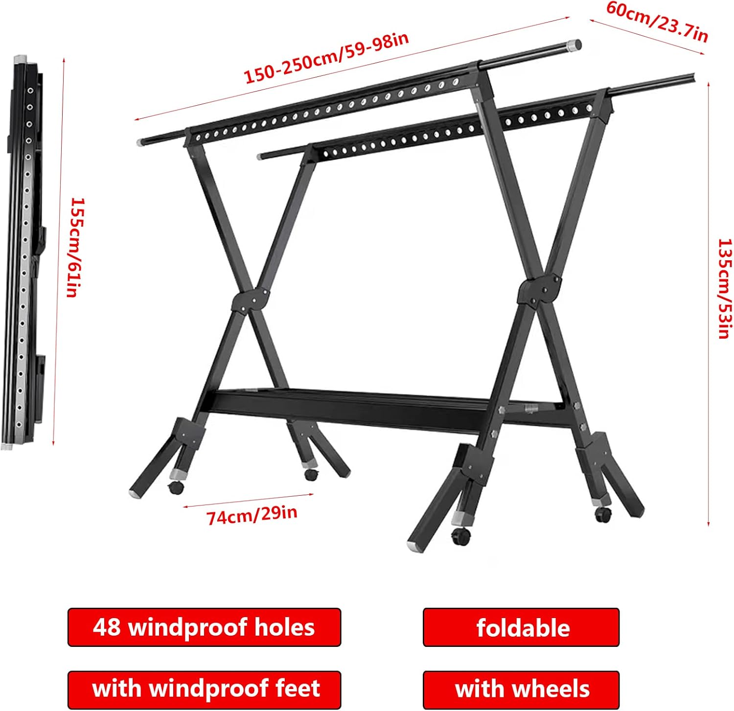 Extra Large Collapsible Clothes Rail 90/98 Inches - Retractable Drying Rack, Stable Indoor/Outdoor Airing Rack, Stylish Rose Gold, Perfect for Clothes Drying and Organizing, 2.5M