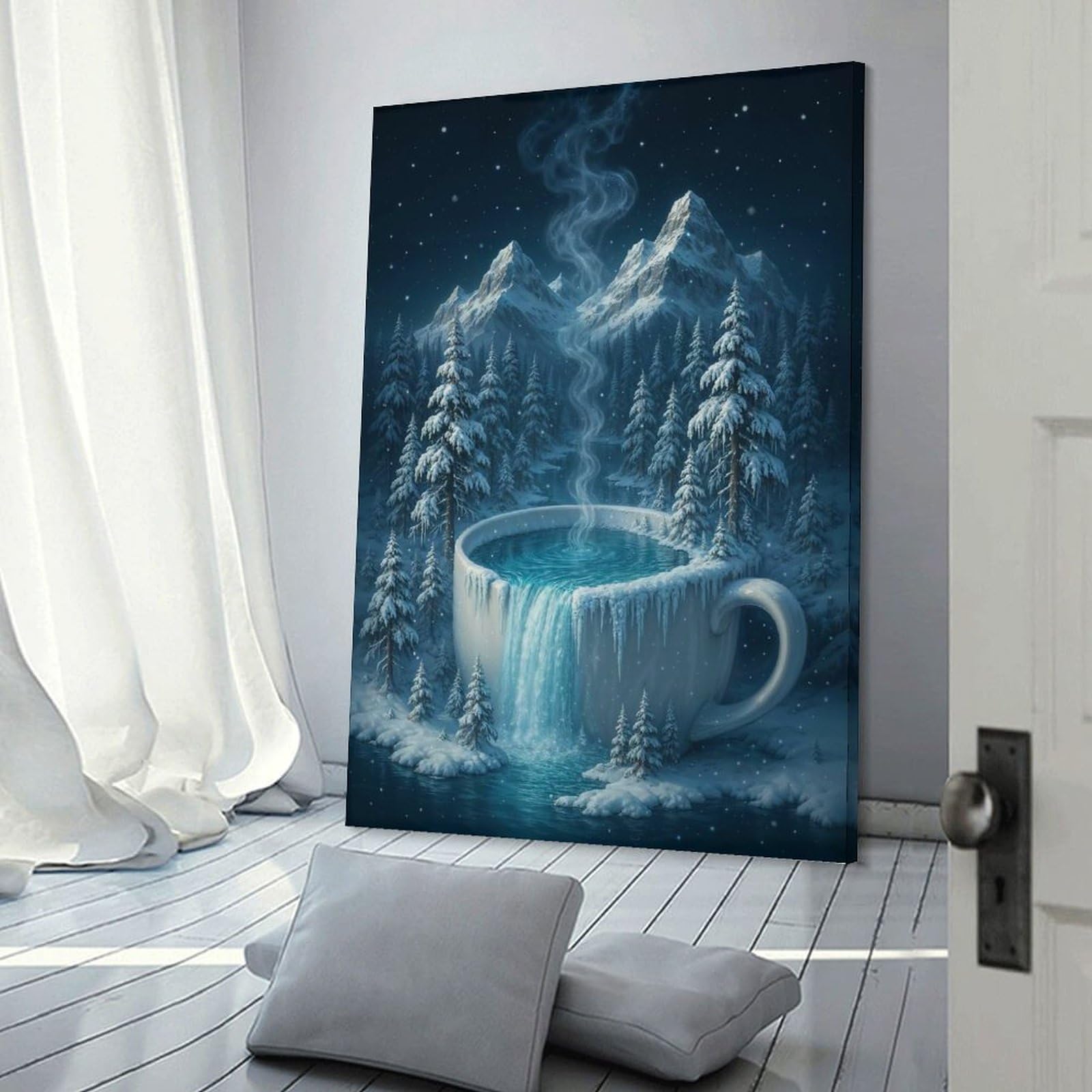 Junmoney Winter Wonderland Coffee Cup Waterfall Wall Picture Print, 24x36inch(60x90cm), for Flats, Guest Rooms Or Compact Rooms, Decorative Canvas Decor for Home Updates
