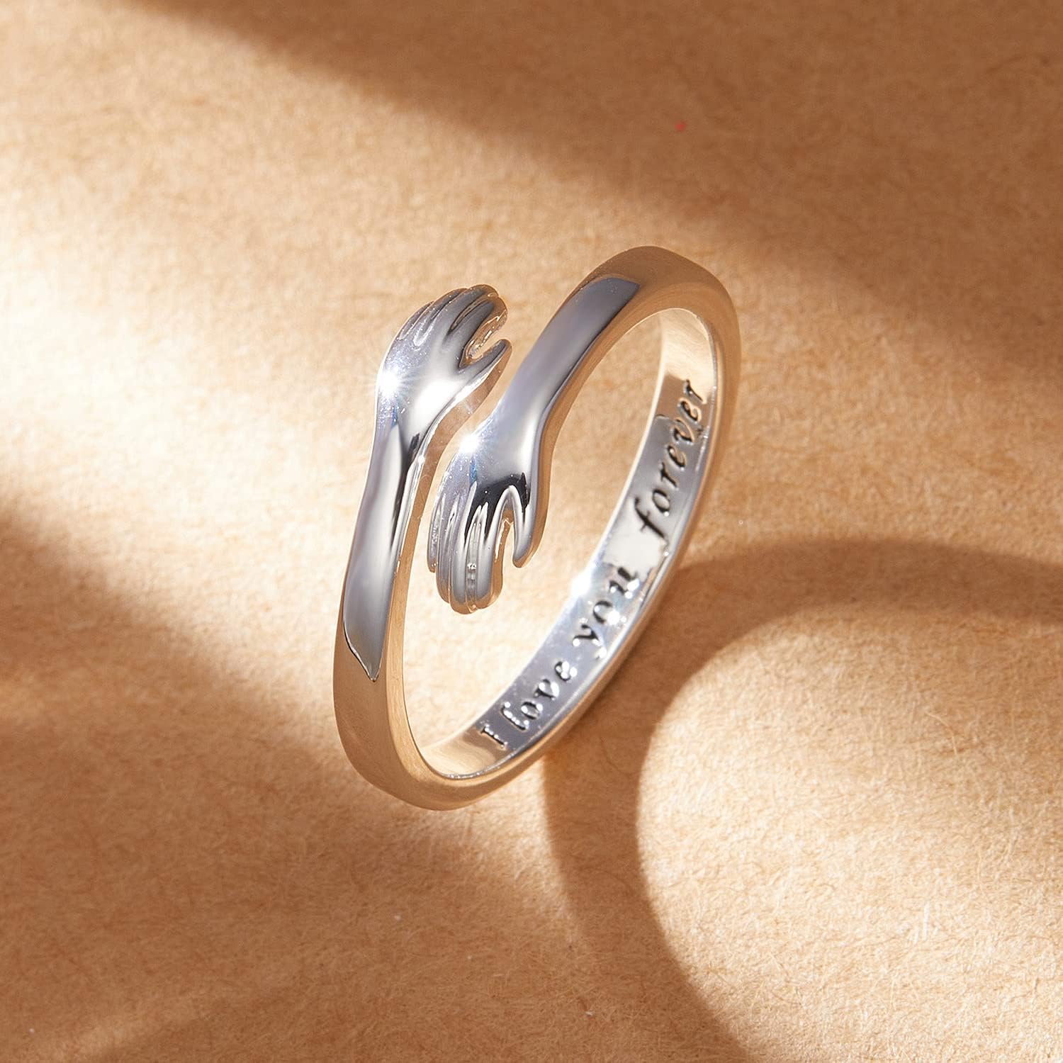 RINHOO FRIENDSHIP Hug Rings for Women Silver Hugging Hands Ring Adjustable 14K Gold Plated Daughter Rings from Mom Jewelry for Couples - Image 8