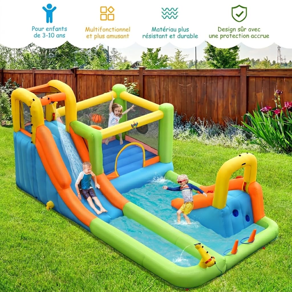 GOPLUS 7 en 1 Château Gonflable Aquatique Toboggan avec Souffleur 680W