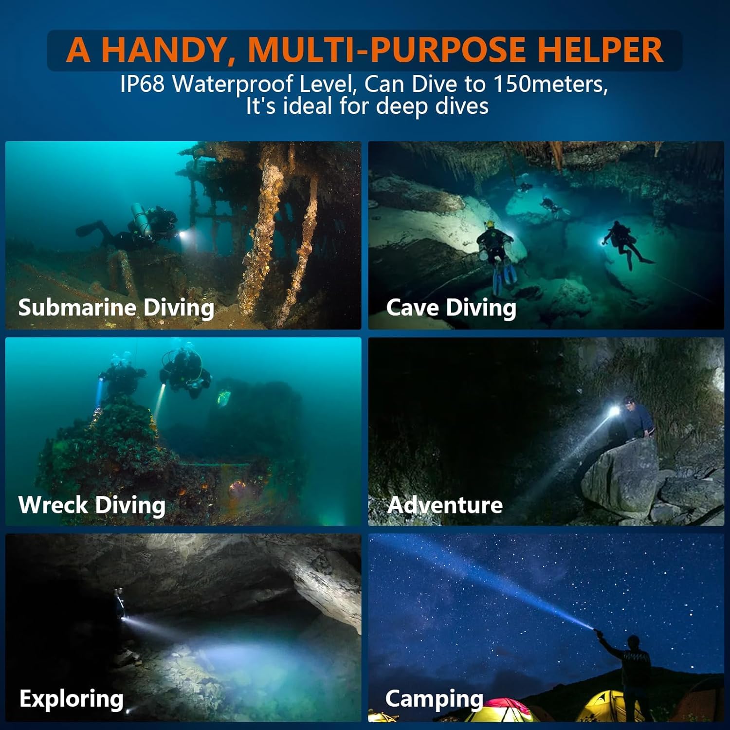 ORCATORCH ZD710MK2 Tauchlampe LED mit Zoom, 1500 Lumen Taucherlampe mit 4 Modi 2-in-1 Spot und Flutlicht, IP68 Wasserdichte Unterwasser Taschenlampe für Unterwasser 150M Tauchen, Camping