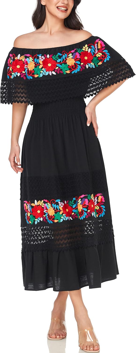 YZXDORWJ Women Embroidered Mexican Peasant Casual Sexy Lace Off-Shoulder Long Dress - Image 4