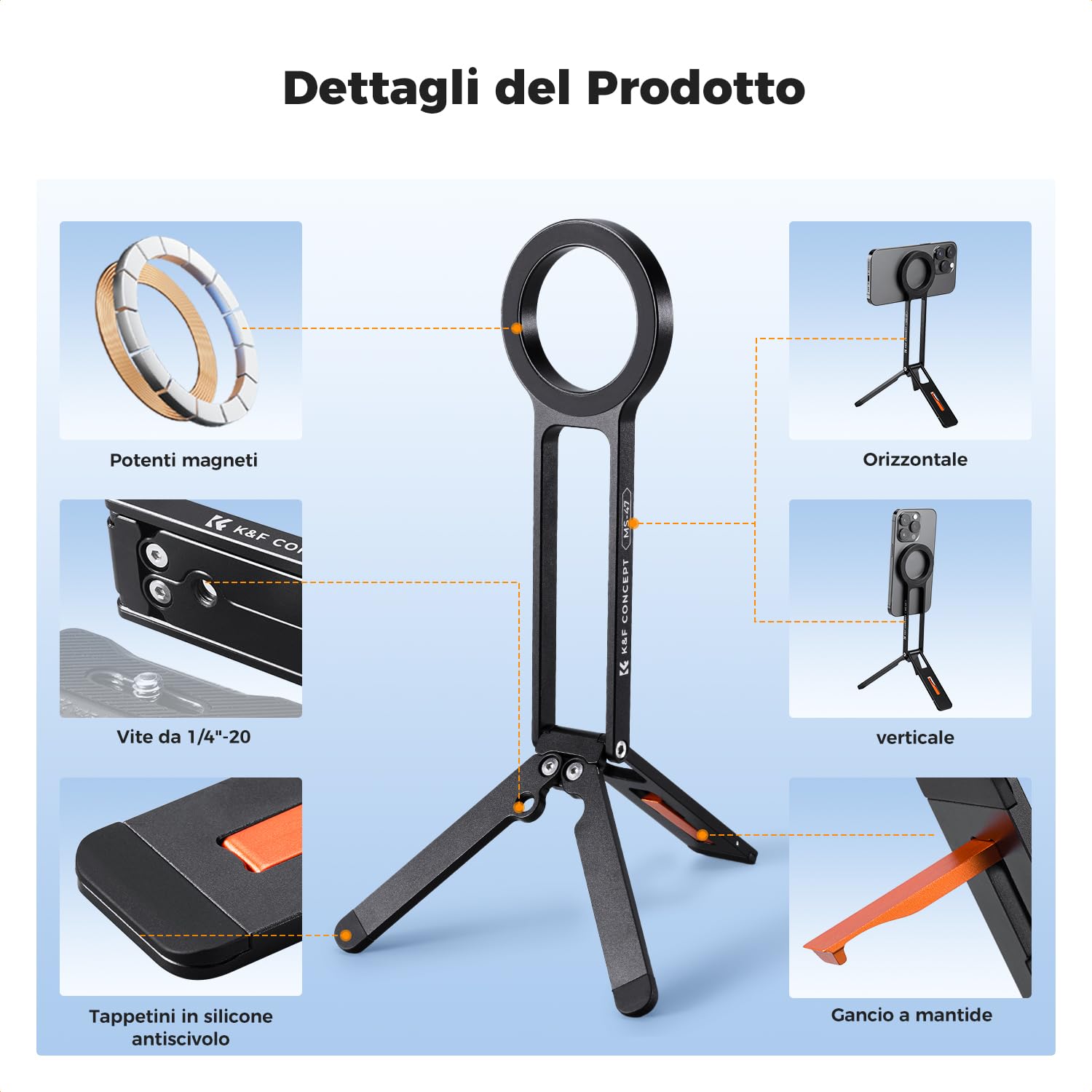 K&F CONCEPT Treppiede Magnetico Smartphone MS-47, Supporto Pieghevole Piccolo per Telefono Cellulare, Mini Treppiede per iPhone, Compatibile con iPhone 17,16,15,14,13,12, altri con Anello Magnetico