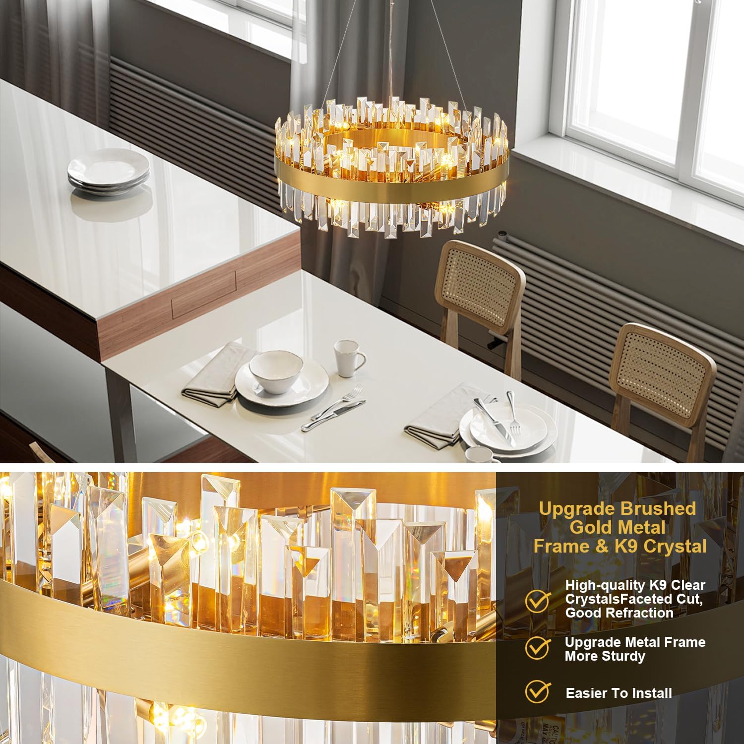 Chandeliers for Living Room D23.6 in, Modern Gold Crystal Chandelier,Glam Metal Black Chandelier for Dining Room Living Room Foyer Bedroom Entryway Kitchen Island（12*E12 Buld,Not Included）