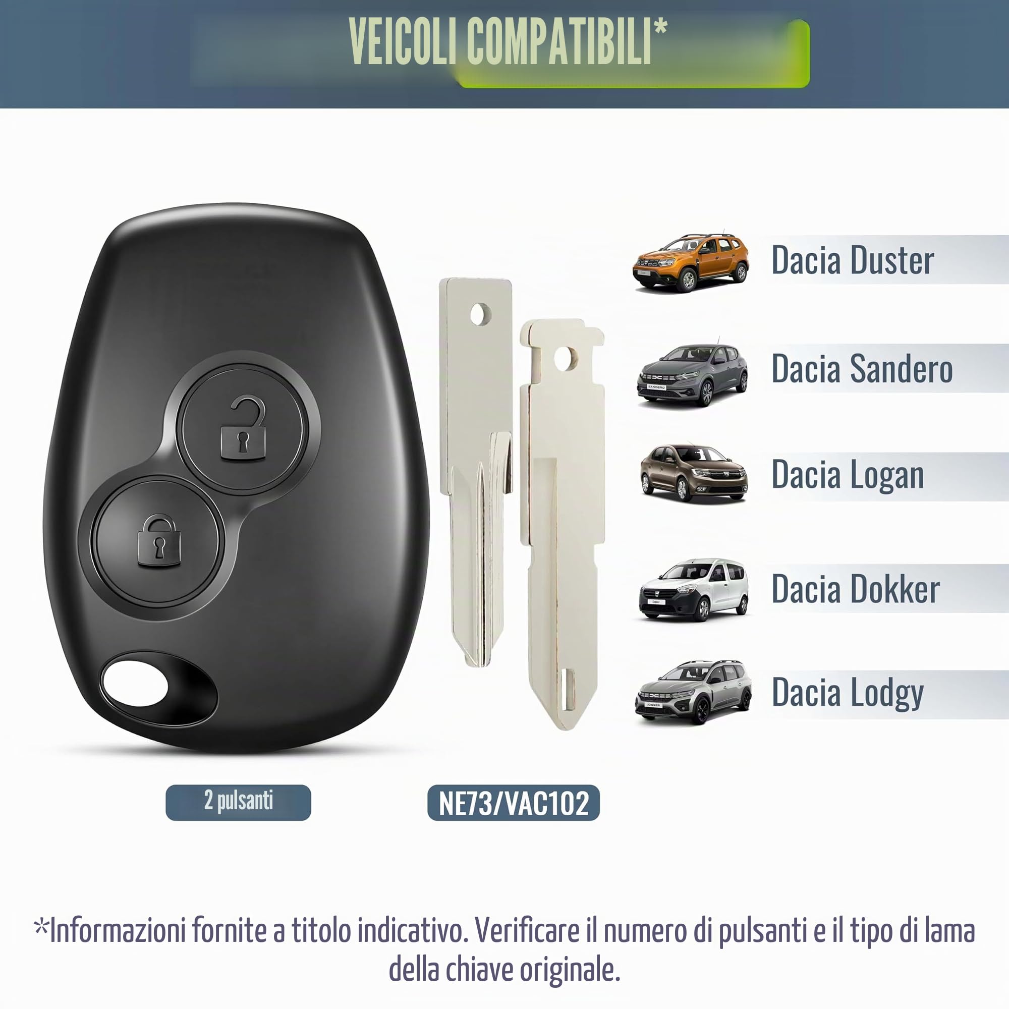 Guscio Chiave senza Lama Compatibile Dacia Sandero Duster Lodgy Logan Custodia Chiave Plip 2 Pulsanti