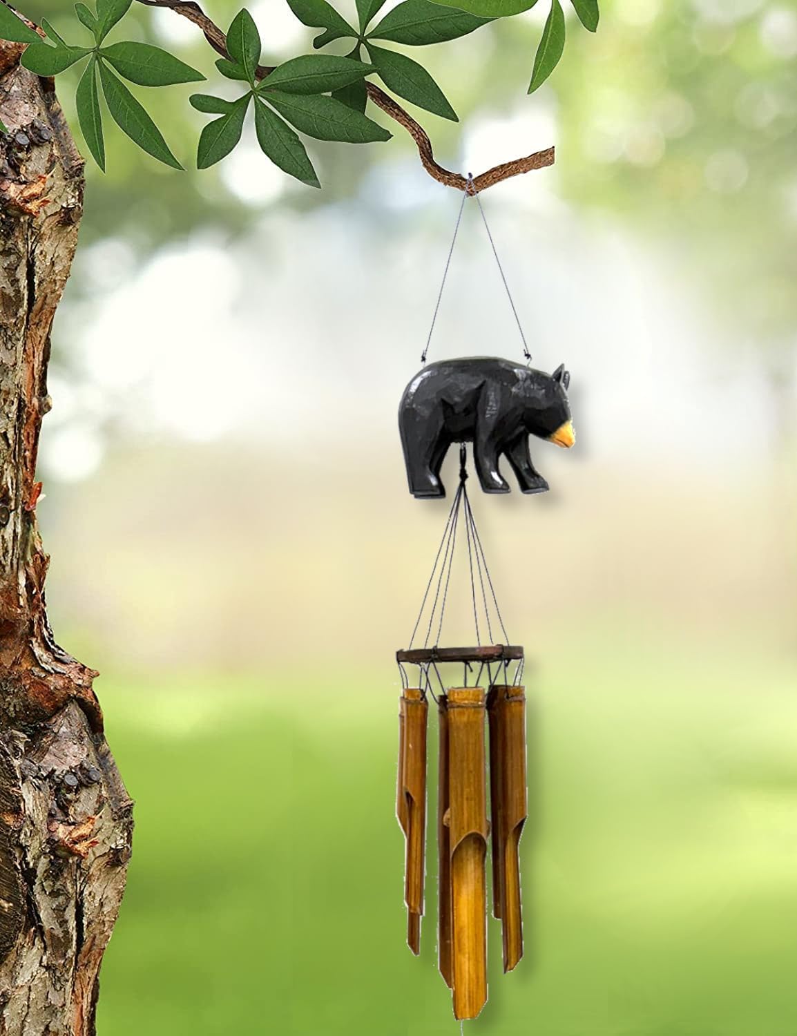 Black Bear Windchime - XL Hand Carved Wood and Bamboo Coastal Nautical Patio Decor Indoor Outdoor Wind Chime 46"