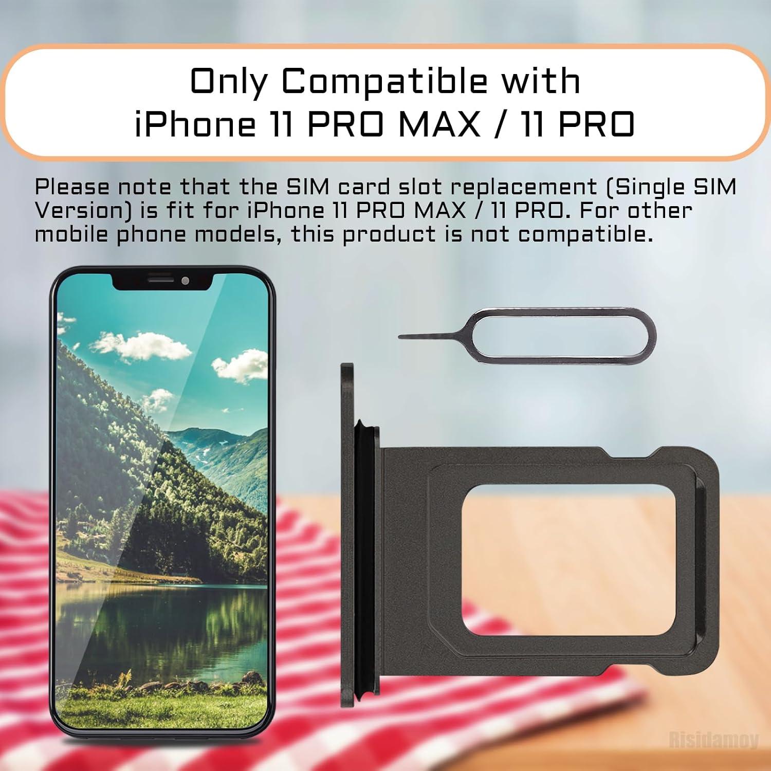 for iPhone 11 Pro Max 11 Pro Black Single SIM Card Tray Slot Part | Single SIM Version with Waterproof Rubber Ring SIM Ejector Card Holder Replacement for iPhone 11Pro 11PromaxA2161 A2220 A2218