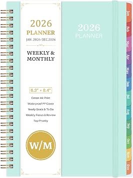 2026 Planner - Planner 2026 Weekly Monthly, Jan 2026 to Dec 2026, 6.4 x 8.5, Calendar 2026 with Transparent PP Cover, Green Ink Pages, Colorful Monthly Tabs, Back Pocket