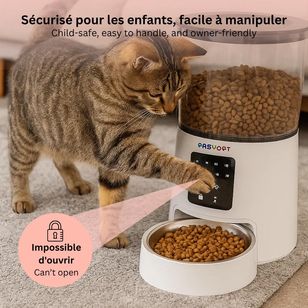 Dispensador automático de croquetas 4L – Programable de 3 a 6 comidas/día, cuenco de acero inoxidable extraíble, control de porciones, alimentación USB o pilas, para perros y gatos
