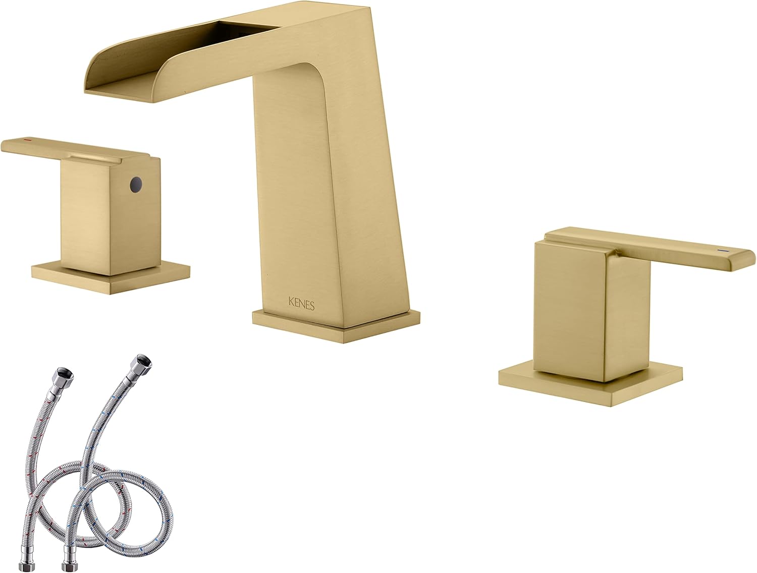 KENES Brushed Gold Widespread Bathroom Faucet Two Handle Gold Waterfall Bathroom Sink Faucet 3