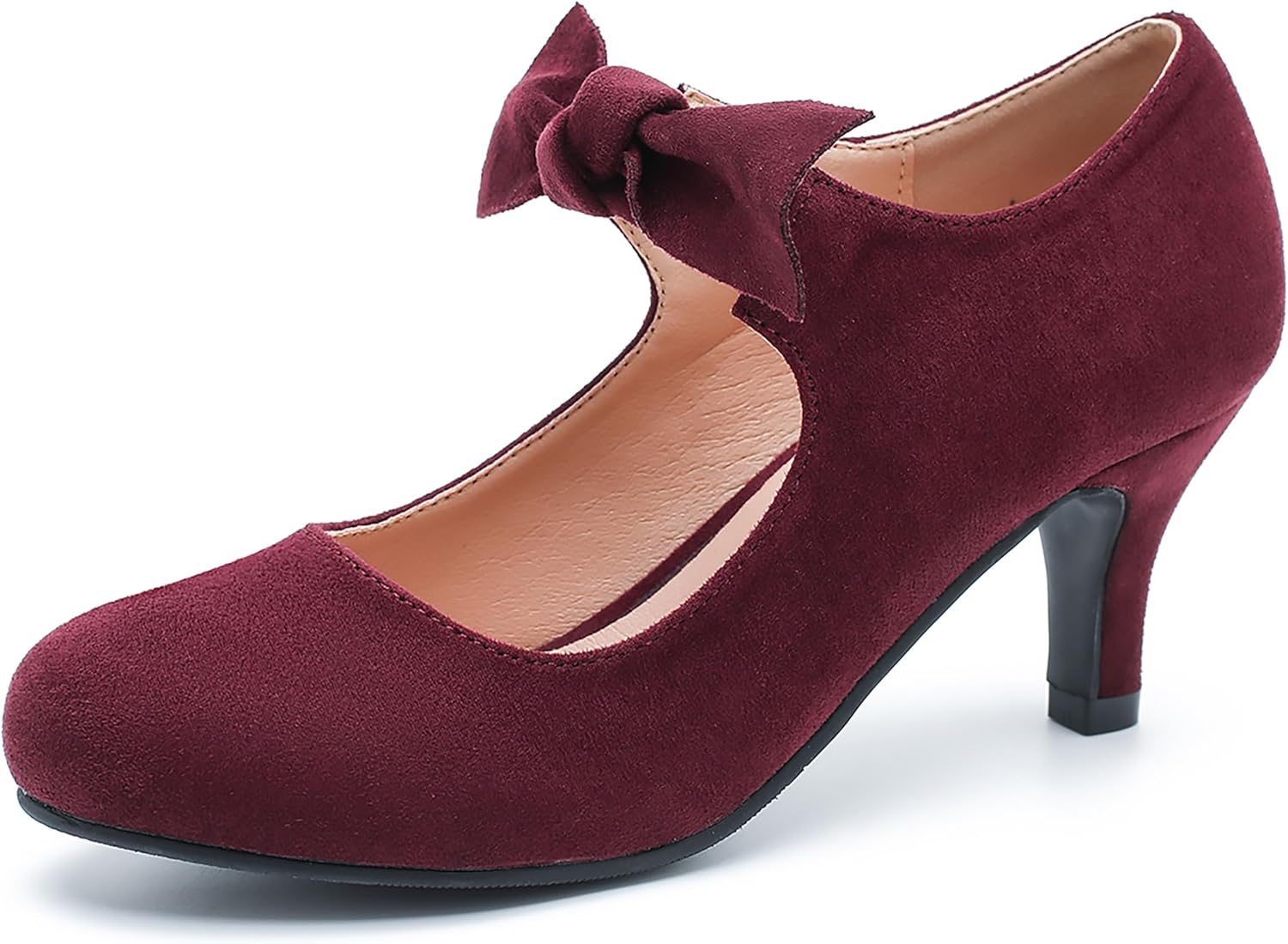 Women's Cute Bow Heels Mary Jane Kitten Heel Pumps Closed Round Toe Low Heels Ankle Strap Wedding Evening Party Dress Office Work Church Shoes