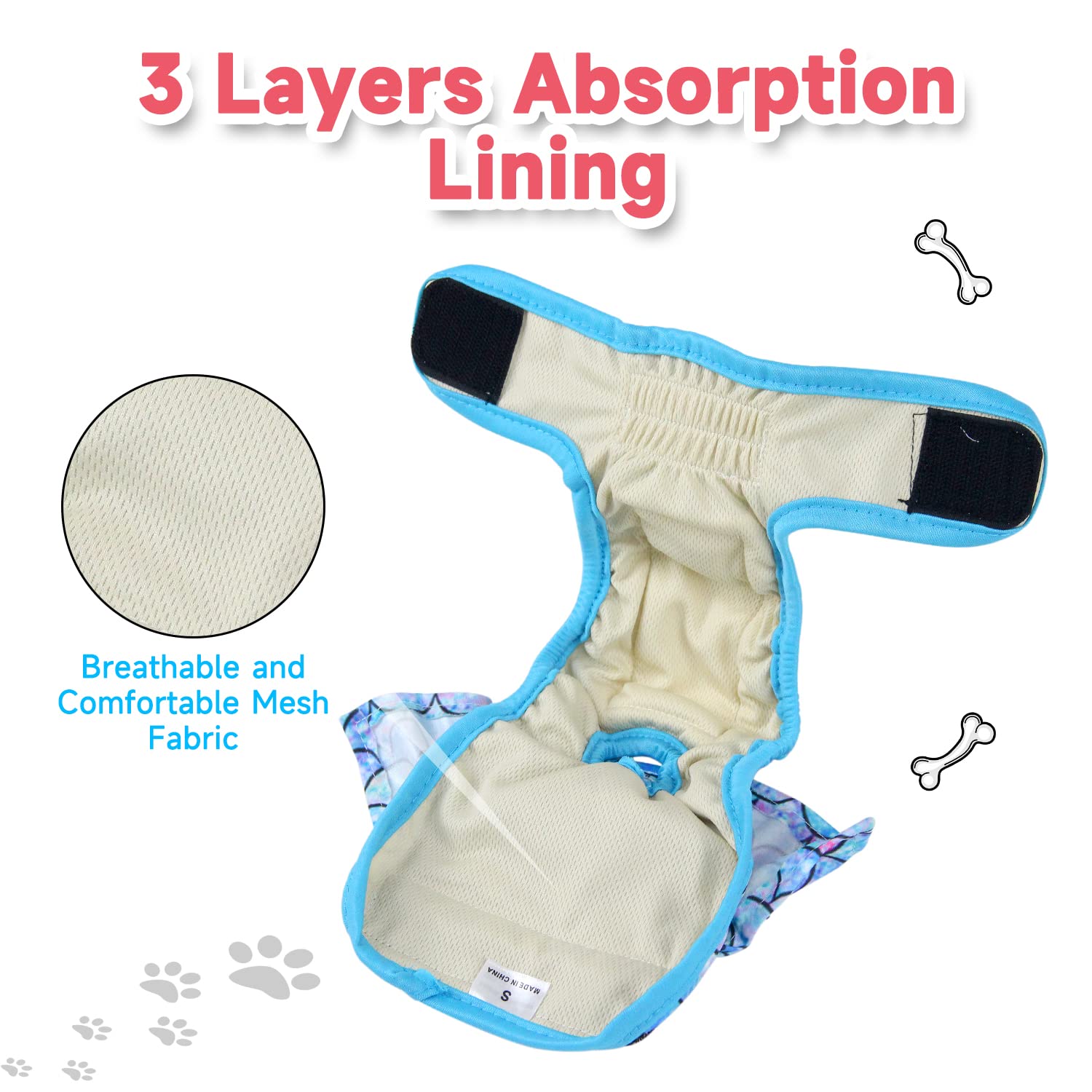 Langsprit Pañales para perros hembras (paquete de 3), pañales lavables sin fugas, pañales altamente absorbentes para perros hembras en calor, incontinencia, micción excitable o período, pañales