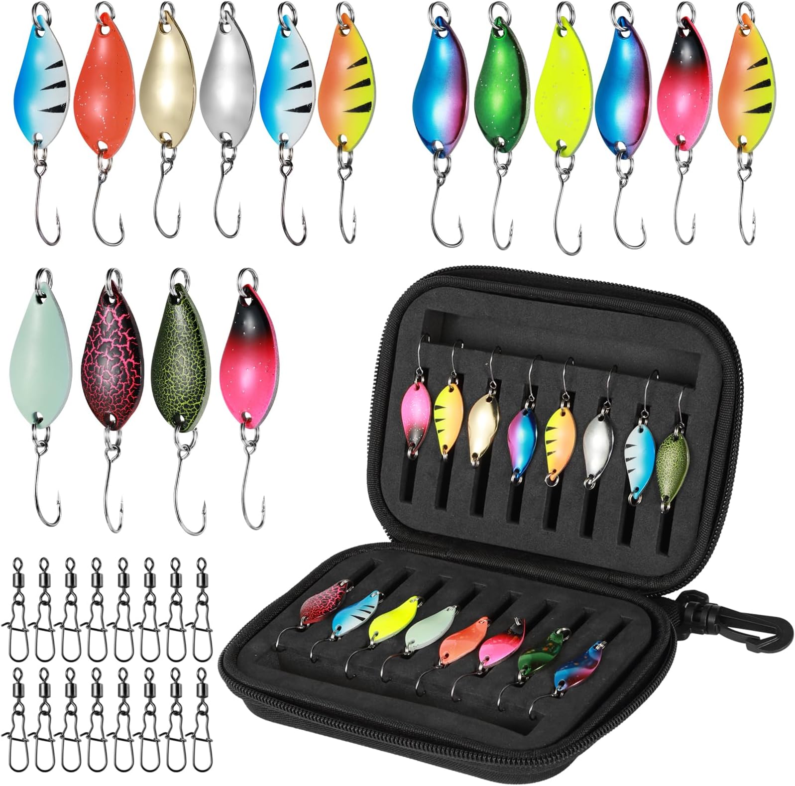 Realure 16Pcs Fishing Spinners Set โ 2.5g/3.5g/5g Metal Spoon Lures with Rolling Swivels & Clips, Storage Box for Pike, Sea Bass, Trout Freshwater Saltwater