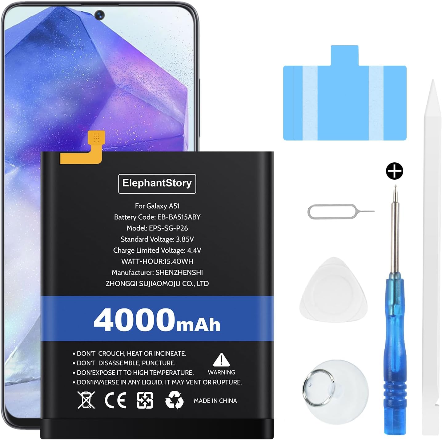 Battery for Galaxy A51, 4000 mAh Battery for Samsung Galaxy A51 SM-A515U SM-G991U1 with Repair Kits