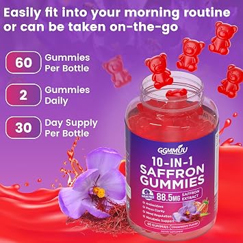 Saffron Gummies for Adults & Kids, Strawberry Flavor, 60 Count | 10-in-1 Blend with 88.5mg Saffron, Magnesium, Ashwagandha & L-Theanine, Calm & Focus Support, Vegan, Sugar-Free