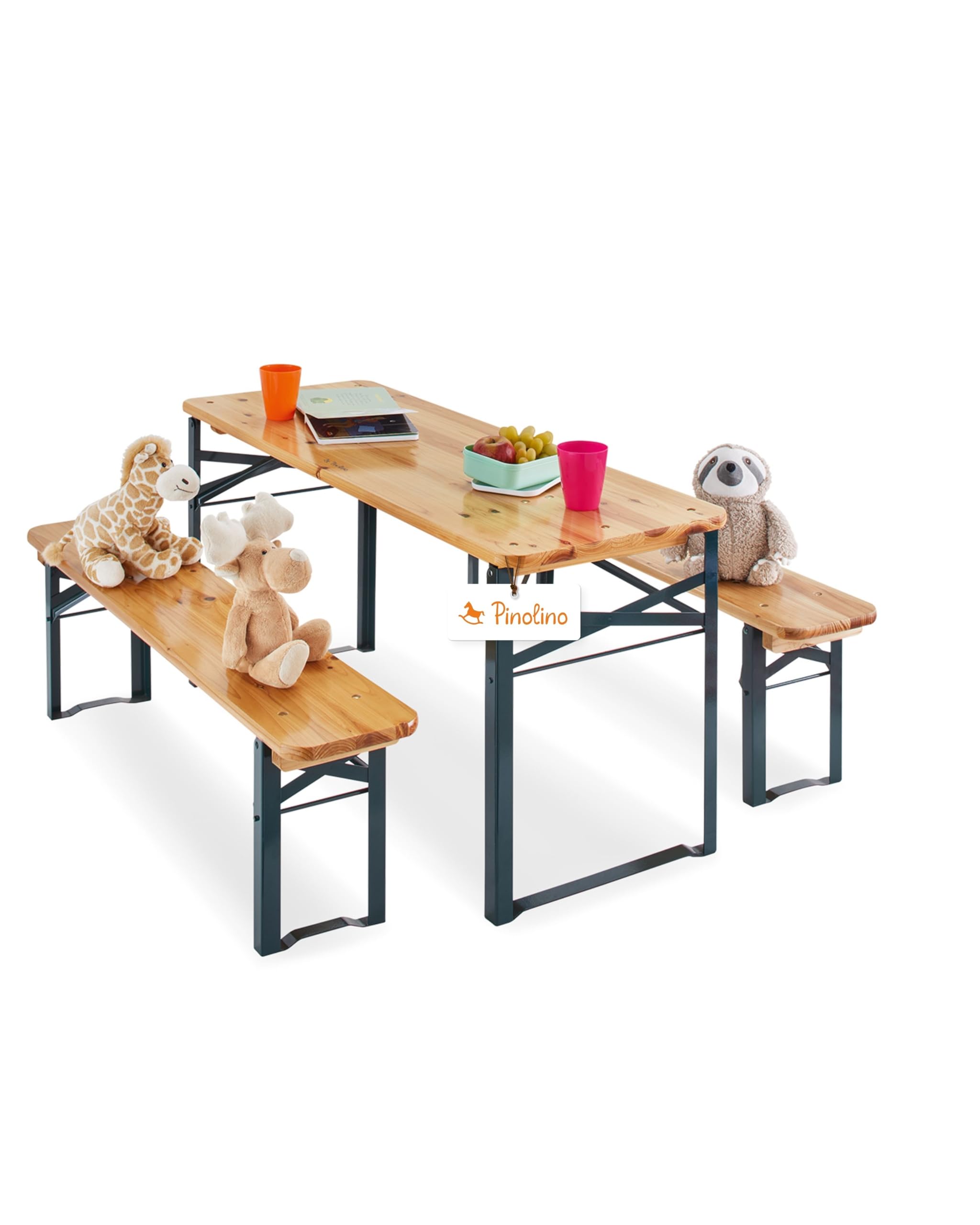 PINOLINO Sepp Kinder Festzeltgarnitur 3-teilig I Klappbare Kindersitzgruppe aus Holz & Metall I Outdoor Tisch mit 2 Bänken für Garten, Geburtstag & Party I Für Kinder ab 3 Jahren