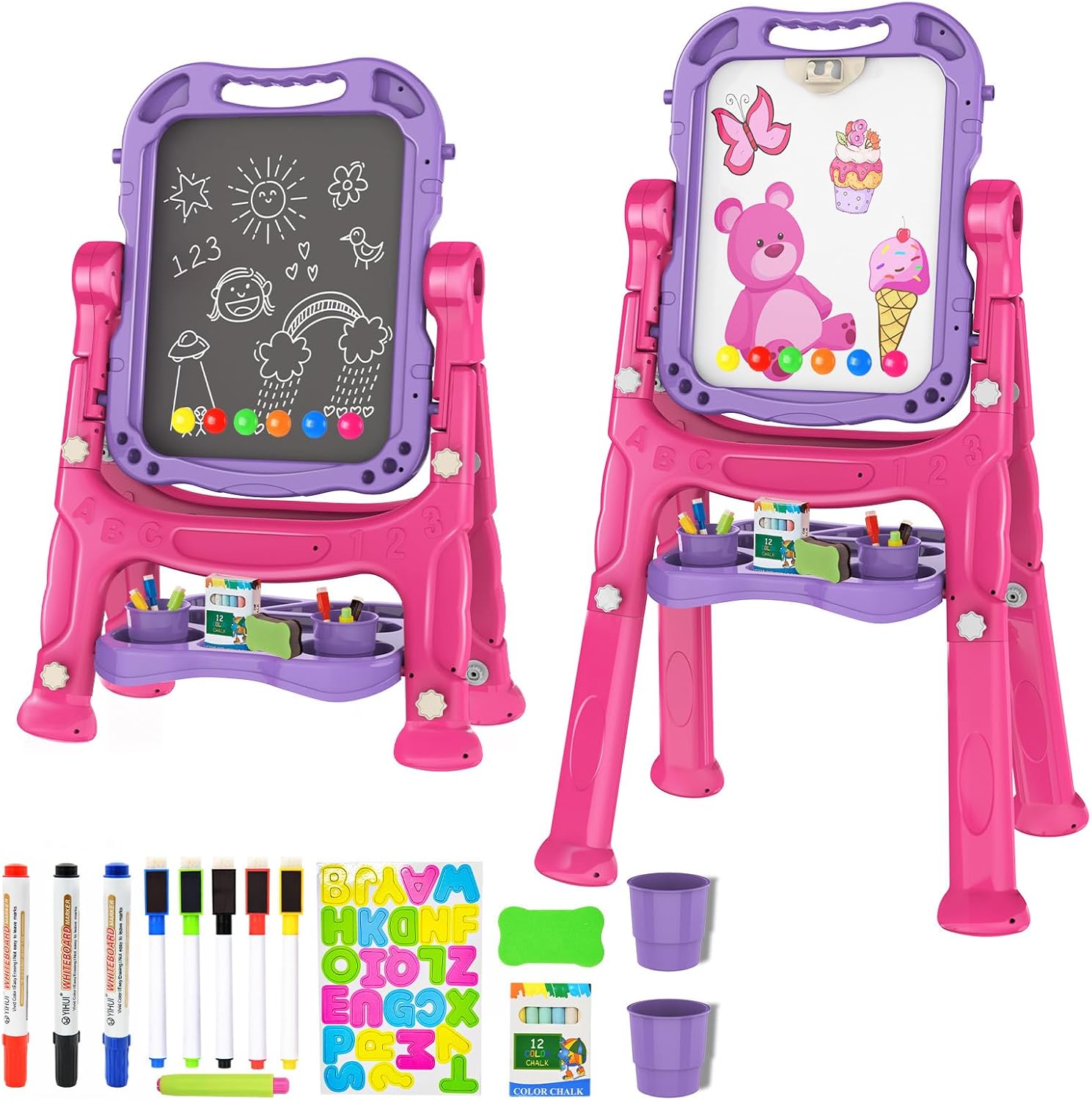 Amagoing Easel for Kids, Adjustable Standing Art Easel for Toddler, Double Side Drawing Board with Painting Accessories, Birthday Christmas Gift Toy for Boys Girls 3 4 5 6 Years Old, Purple