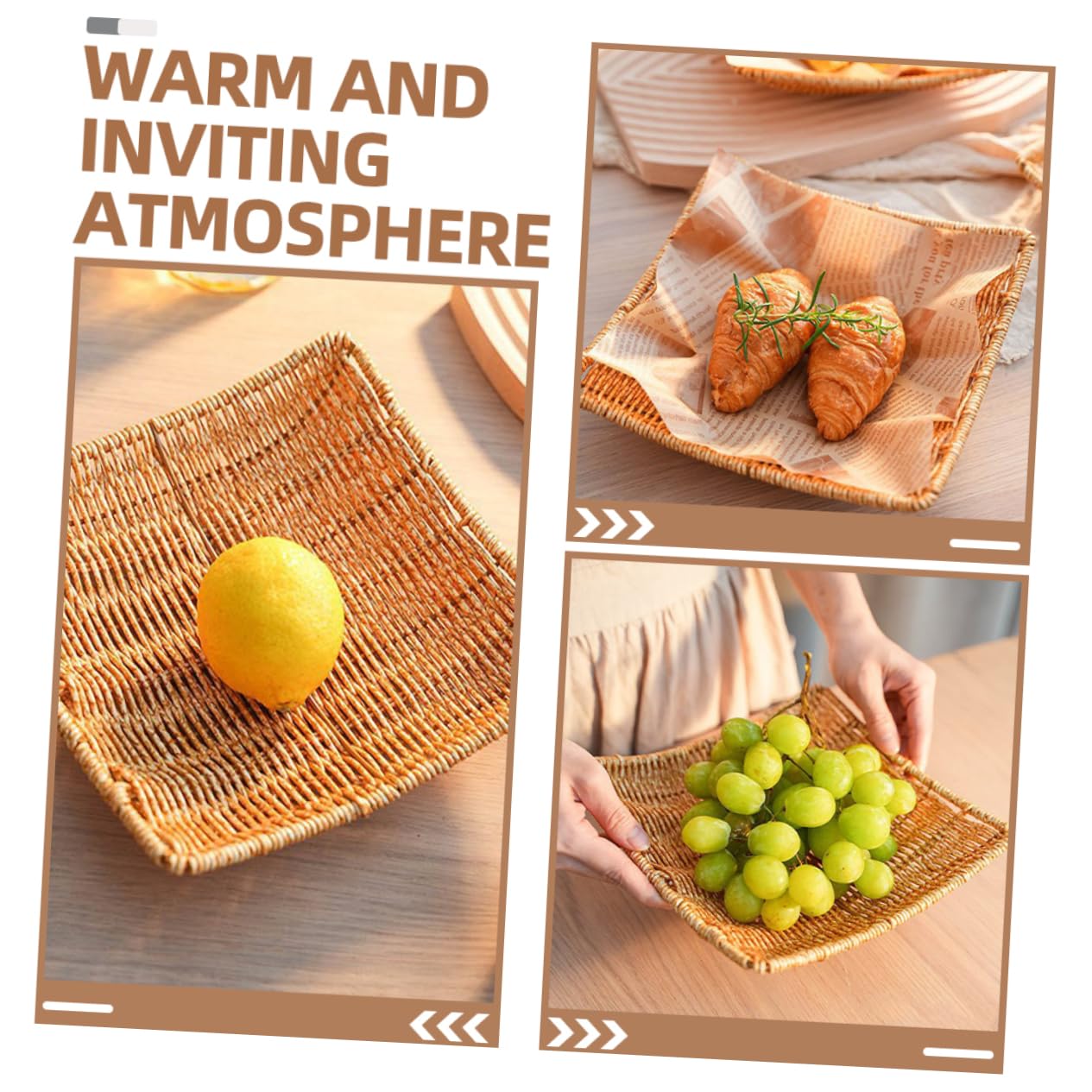 BEBEMOKO Imitation Rattan Woven Snack Tray Creative Storage Basket for Fruits Snacks and Bread Stylish Food Container for Home Decor and Organizing Kitchen Essentials